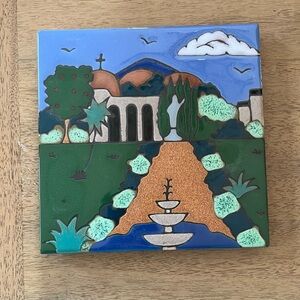 Vintage Hand-Painted Ceramic Tile Trivet of Mission San Juan Capistrano in CA